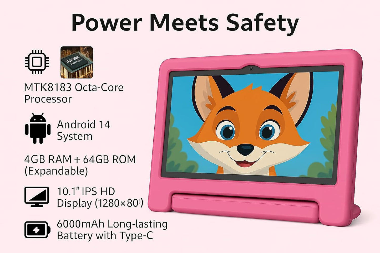 10.1" Kids Tablet Android 14 | 64GB Octa-Core 8GB RAM | Shockproof Case & Parental Control | 12H Fast Charge | HD Display w/Google Kids Space & Educational Apps | WiFi 6/Bluetooth/GPS | Ages 3-12