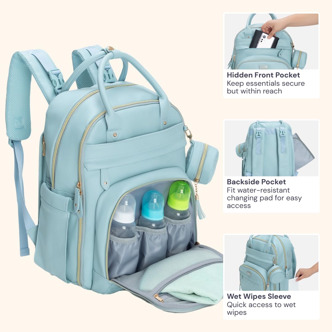 BabbleRoo Leather Diaper Bag Backpack - Baby Essentials Travel Baby Bag, Multi function, Waterproof, with Changing Pad, Stroller Straps & Pacifier Case – Unisex, Powder Blue