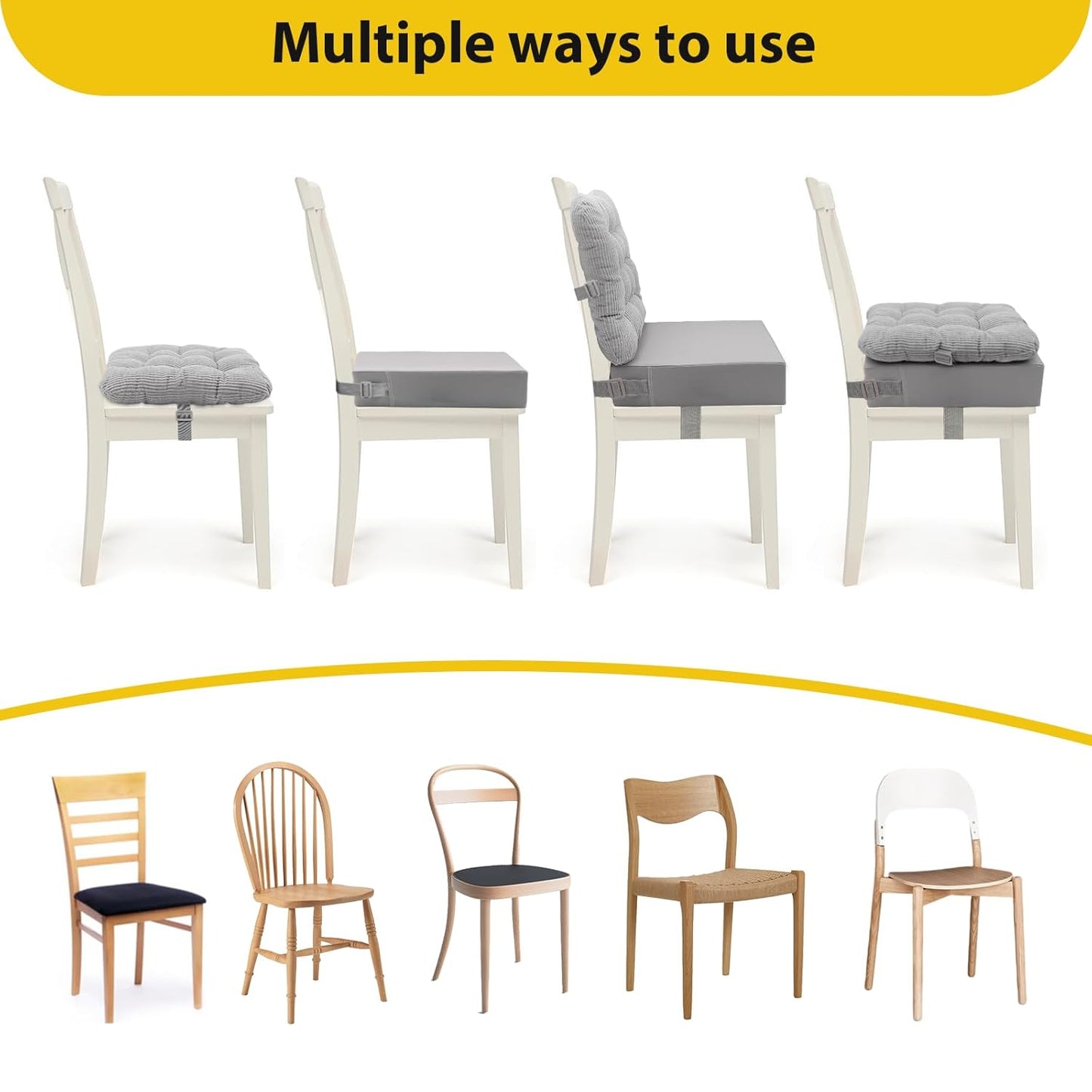 Toddler Booster Seat for Dining Table 2PC Upgraded 3.6IN Cushion with Soft Corduroy Backrest Infant Booster Seat for Kitchen Chair with Adjustable Straps - Non-Slip Base & Breathable Fabric 