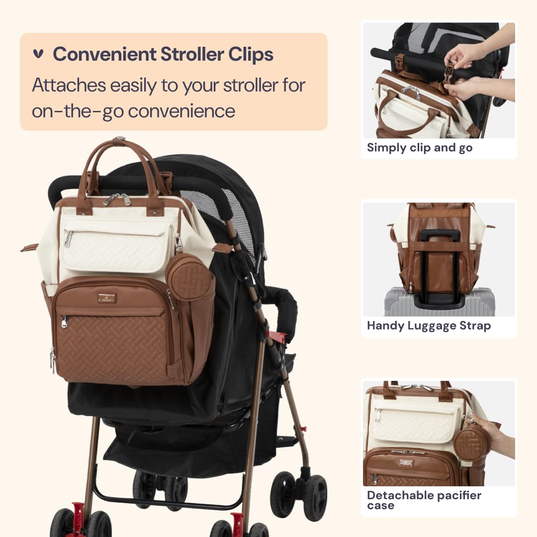BabbleRoo Leather Diaper Bag Backpack, Multifunction Large Bags with Changing Pad & Stroller Straps & Pacifier Case, Unisex Stylish Travel Back Pack Nappy Changing Bag for Moms Dads (Coffee Cream)