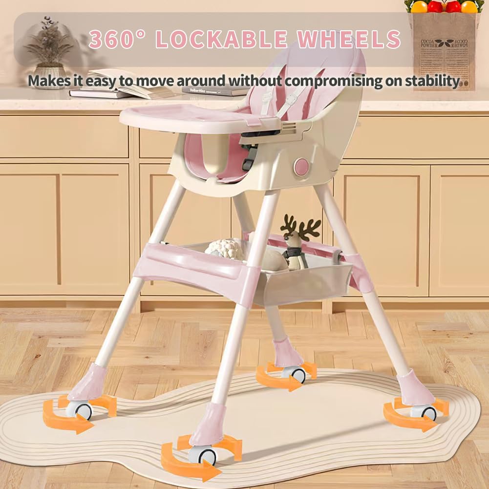 High Chairs for Babies and Toddlers, 4 in 1 Convertible Baby High Chair, Portable High Chair for Travel with Adjustable Height and Back, Foldable HighChair with Wheels& Pu Cushion