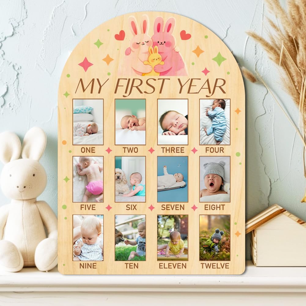 ORIGACH My First Year Baby Growth Photo Display Wood Board - 12 Months Newborn Milestones Photo Board - Neutral Baby Keepsake Frame 1st Birthday Party Nursery Decor New Mom Gift - Rabbit