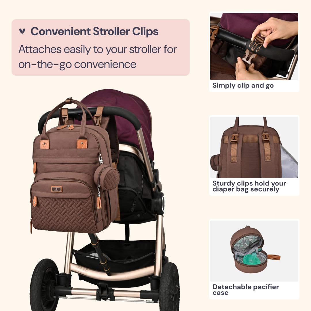 BabbleRoo Diaper Bag Backpack - Baby Essentials Travel Tote - Multi Function Waterproof Diaper Bag, Travel Essentials Baby Bag with Changing Pad, Stroller Straps & Pacifier Case - Unisex, Brown