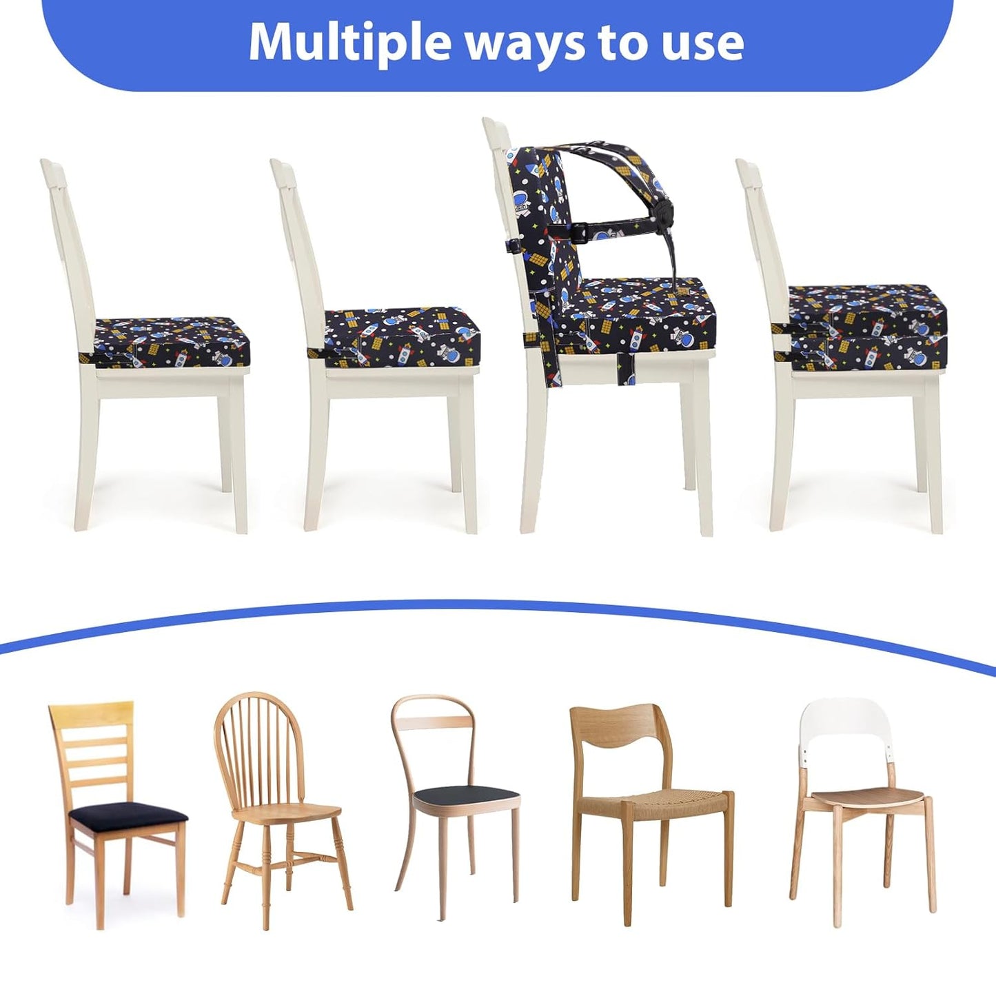 Toddler Booster Seat for Dining Table, Adjustable Safety Buckle Child Booster Seat with Backrest, PU Waterproof Easy Cleaning Portable Booster Cushion (Black)