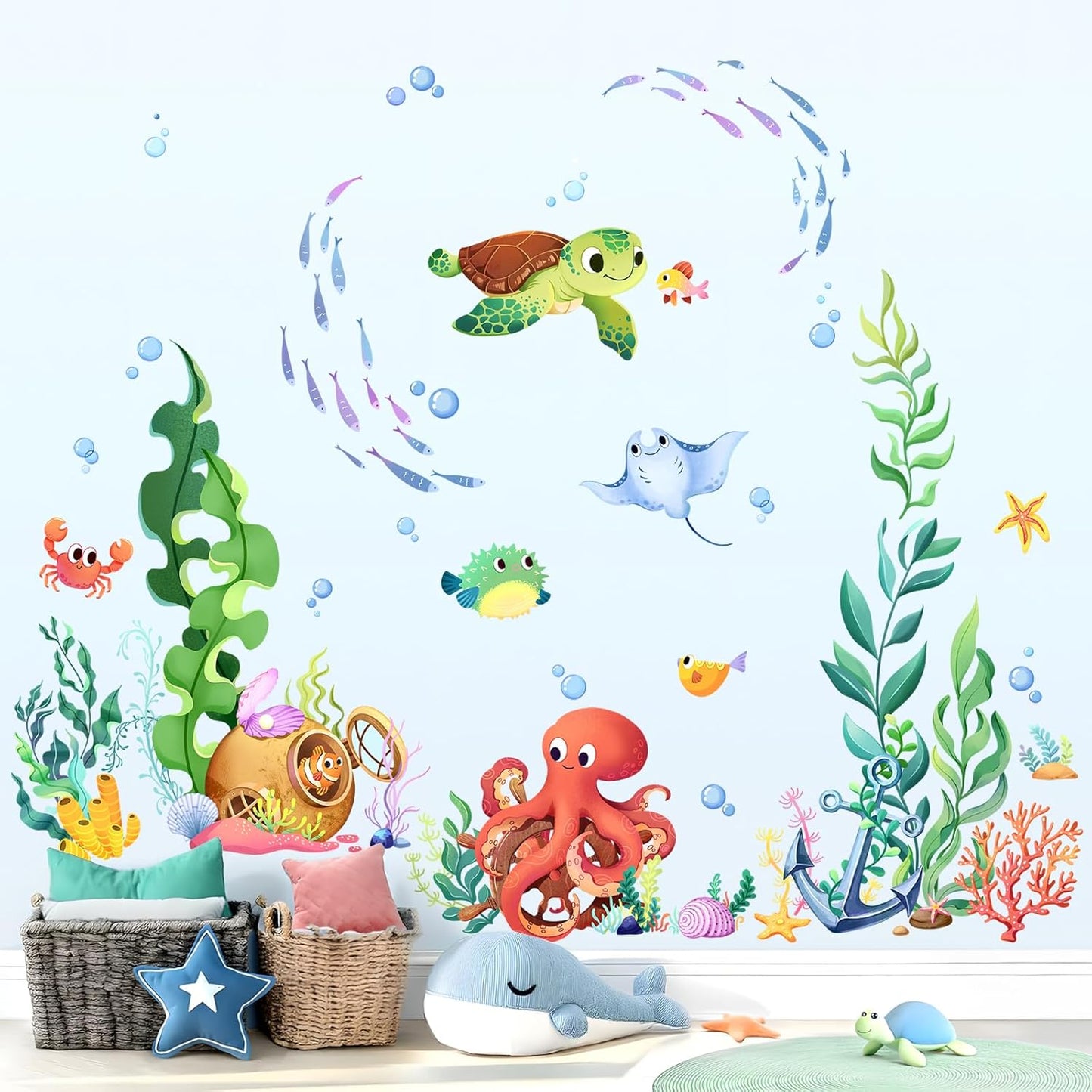 Supzone Under The Sea Wall Decals Ocean Fish Seaweed Sea Turtle Octopuses Wall Stickers for Kids Toddlers Bedroom Living Room Baby Nursery Wall Decor