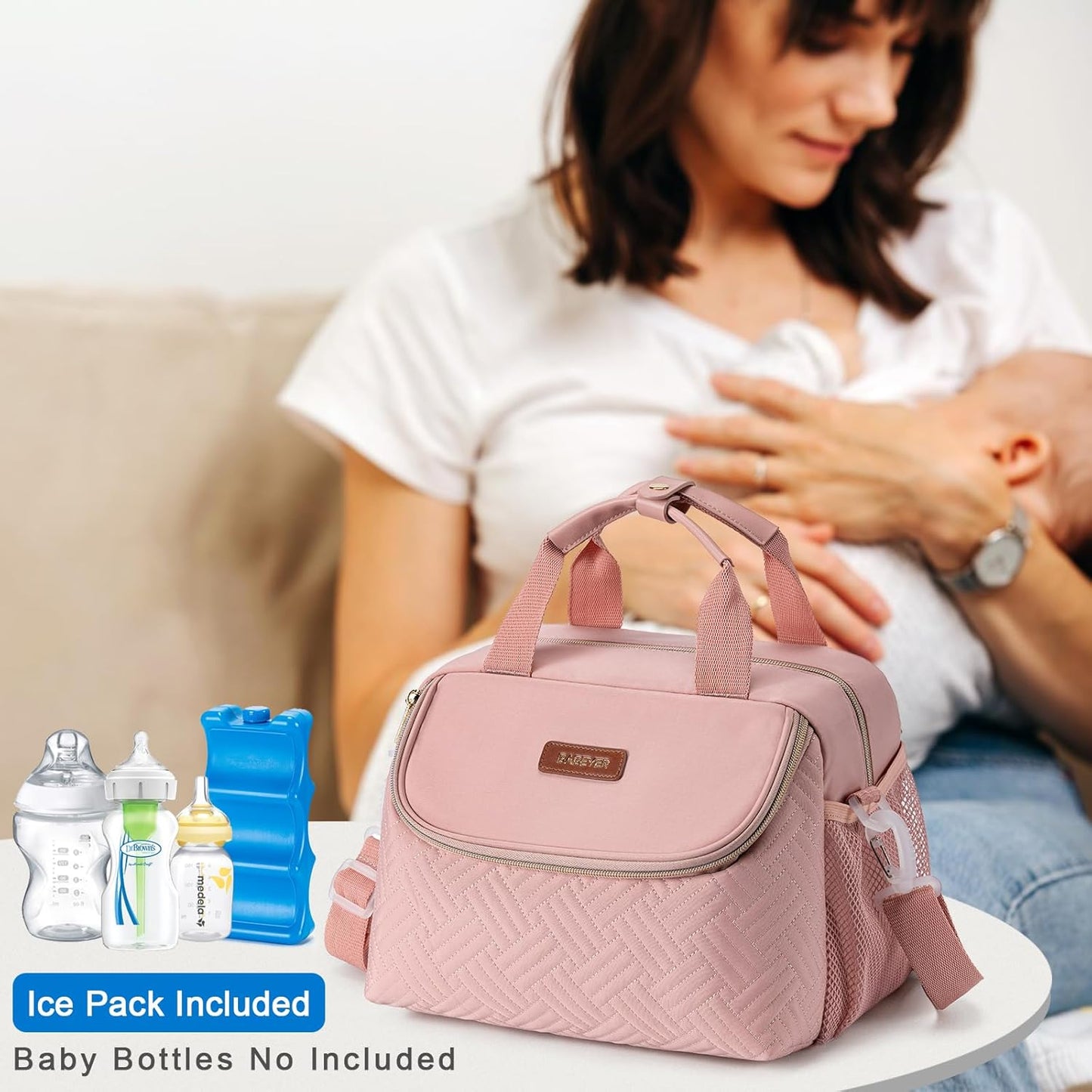 Breastmilk Cooler Bag with Ice Pack Fits 6 Baby Bottles up to 9 Ounce, Wearable Breast Pumps Cooler Bag for Nursing Mom Daycare, Work, Travel- Pink