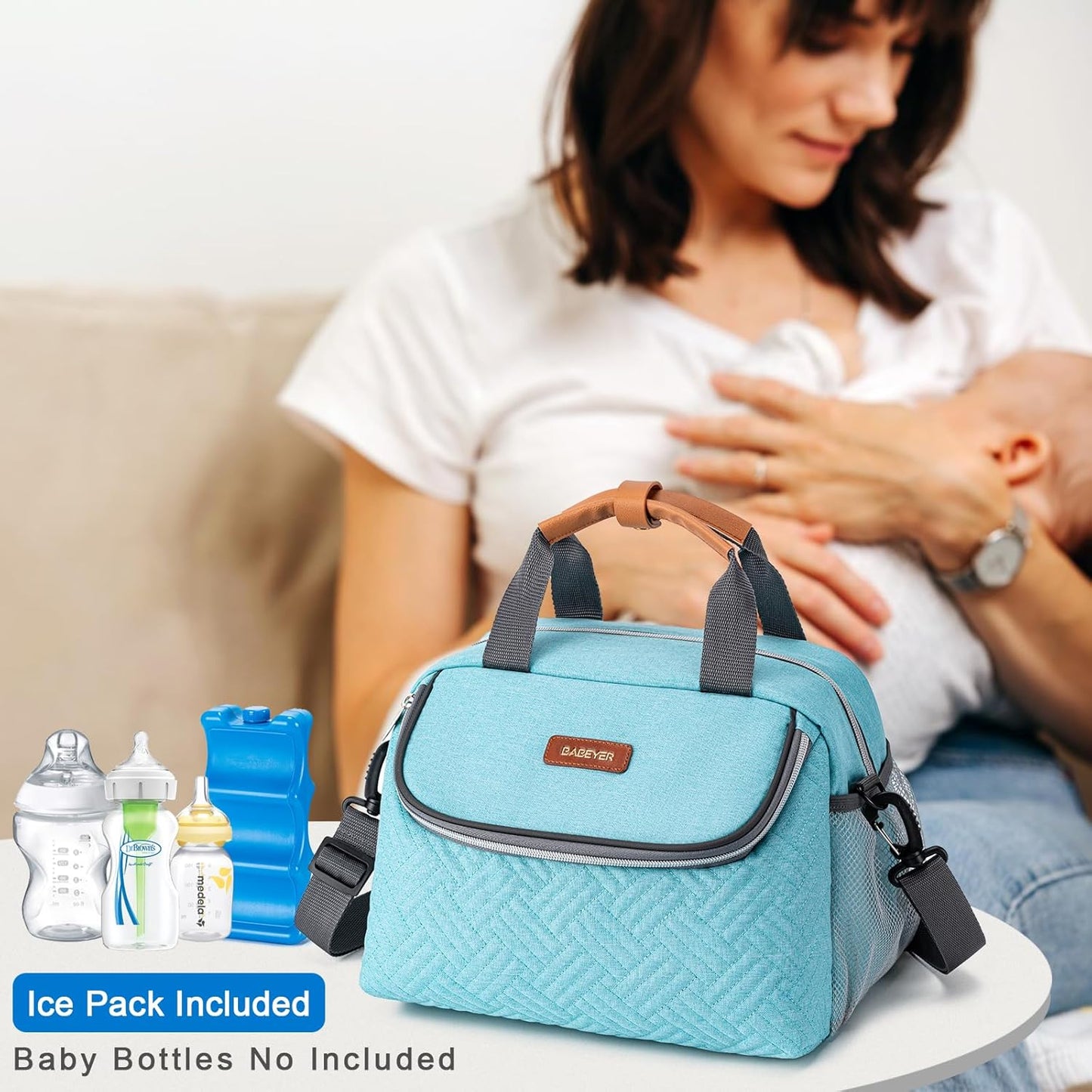 Breastmilk Cooler Bag with Ice Pack Fits 6 Baby Bottles up to 9 Ounce, Wearable Breast Pumps Cooler Bag for Nursing Mom Daycare, Work, Travel- Aqua