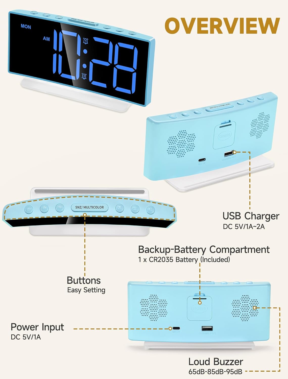 Cadmos Loud Alarm Clock for Heavy Sleepers Adults,Kids,Teens,Digital Desk Clock with USB Port,Large Numbers,7 Color Night Light,Modern Electronic Plug in Simple Clock for Bedroom(Blue+Dynamic)