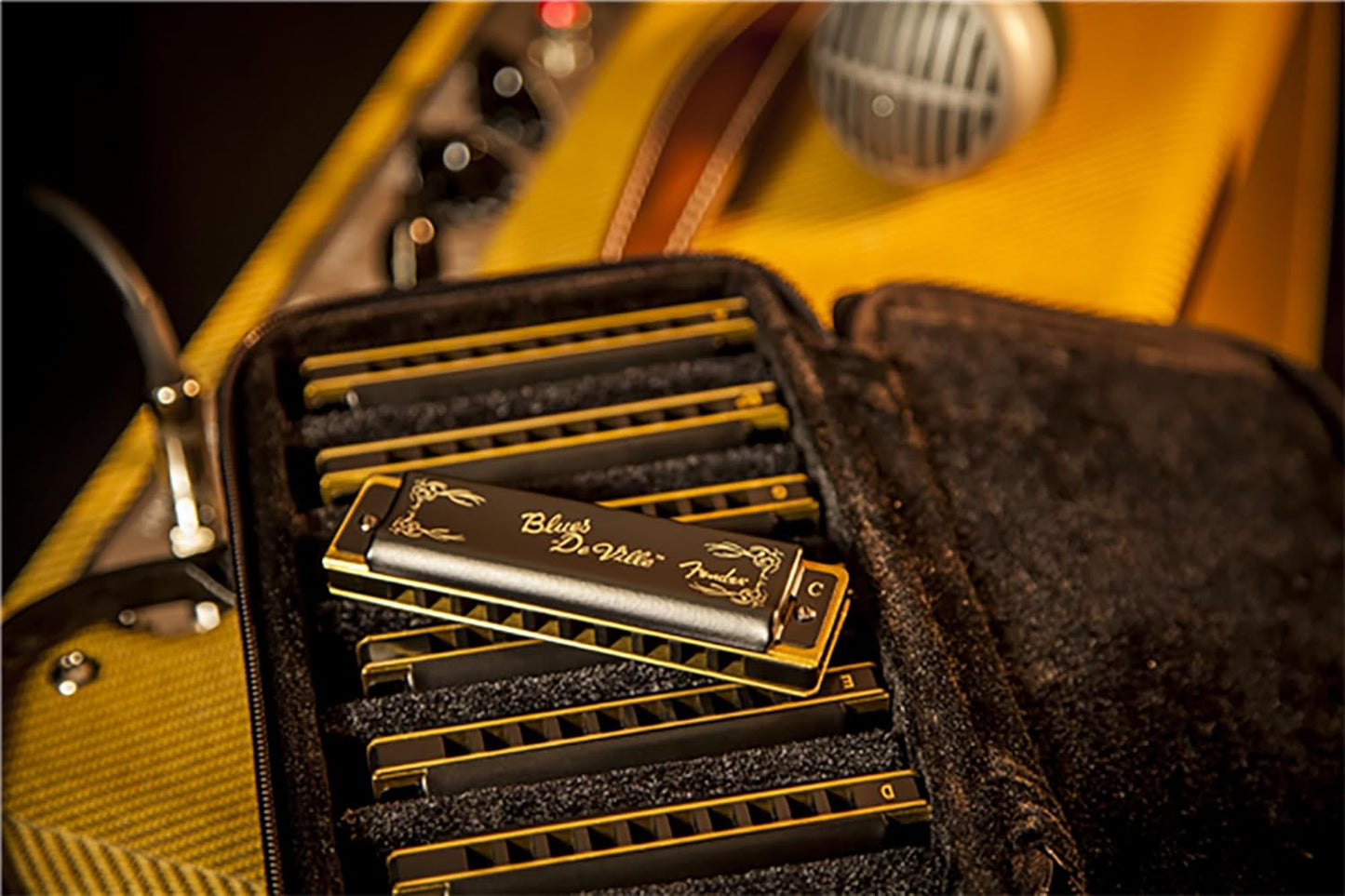 Fender Blues DeVille Harmonica - 7 Pack Bundle with Case, Austin Bazaar Instructional Manual, and Polishing Cloth
