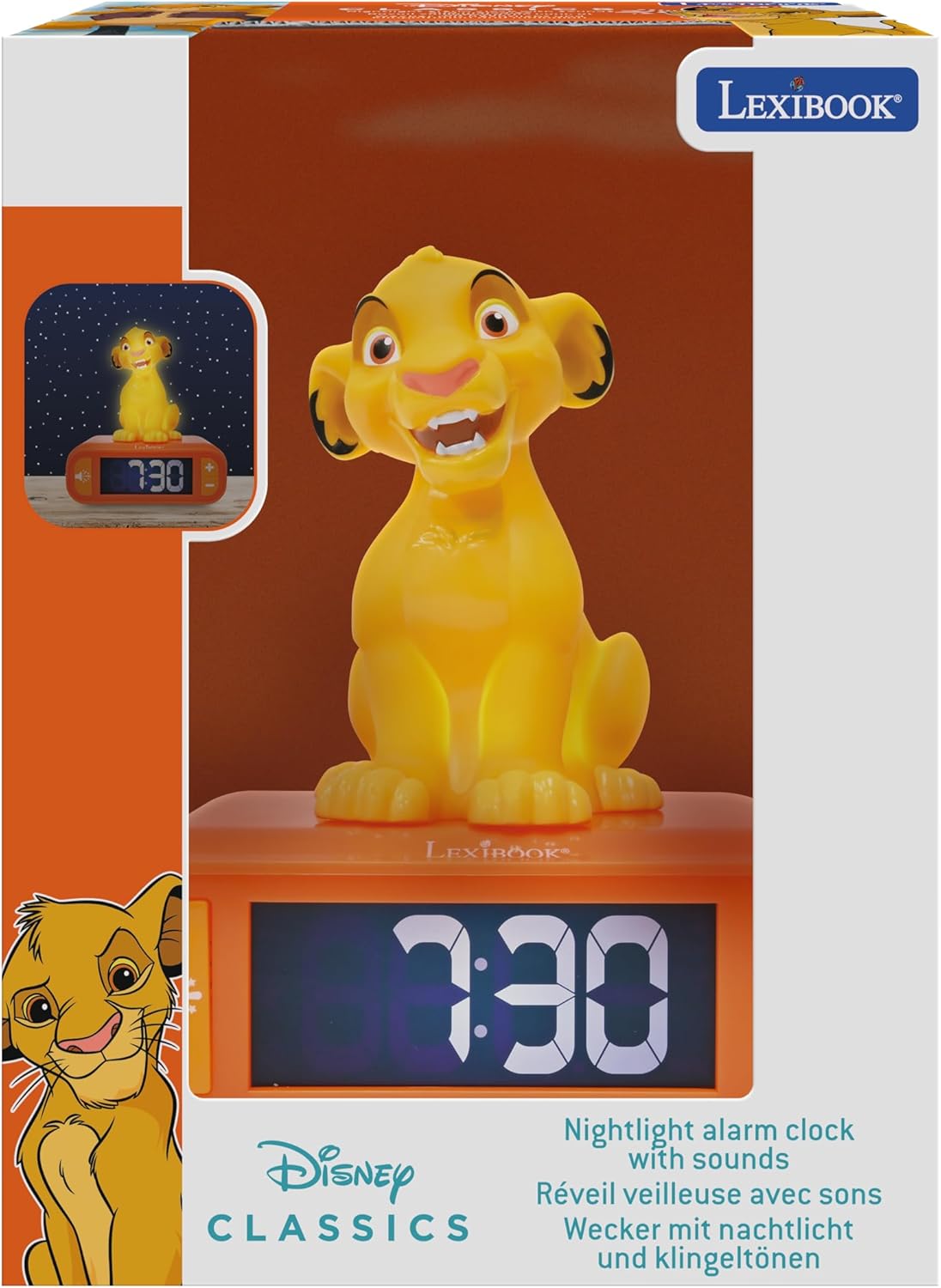 LEXiBOOK, Disney The Lion King, Simba Nightlight Alarm Clock, Sounds and Melodies, LCD Backlit Screen, Luminous, Snooze, Yellow/Orange, RL800AN