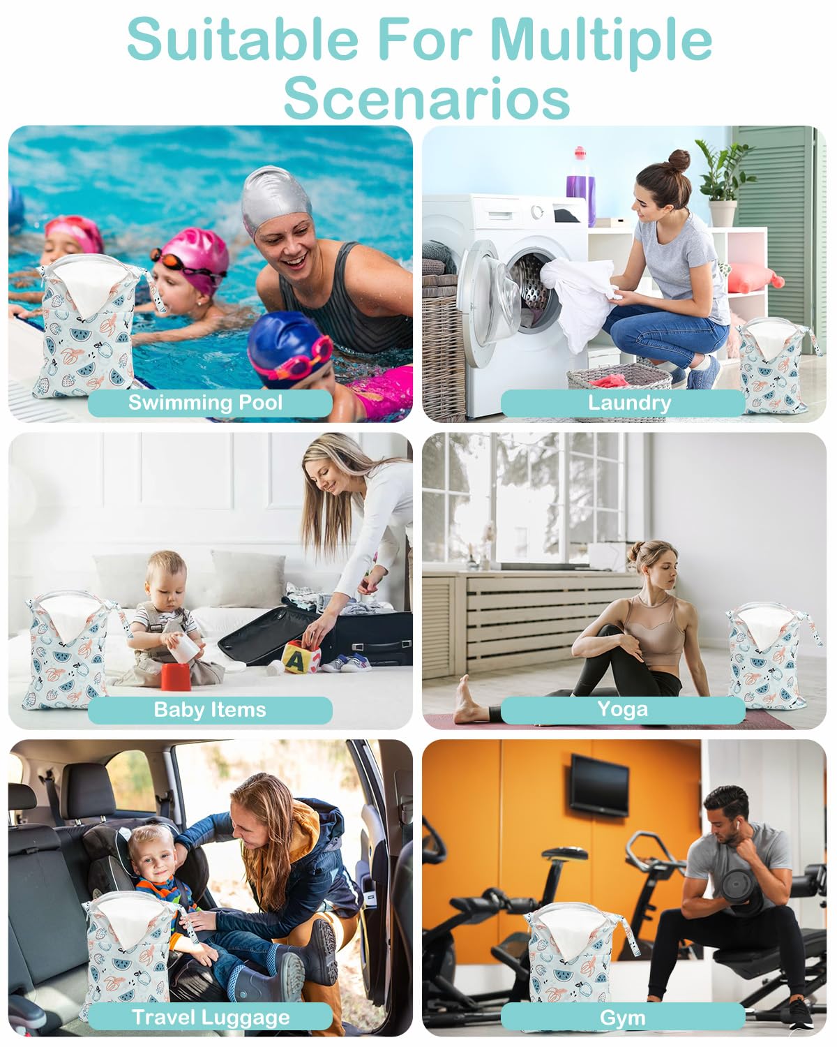 ALVABABY 3 Cloth Diaper Wet Dry Bags Waterproof Reusable with Two Zippered Pockets Travel Beach Pool Daycare Soiled Baby Items Yoga Gym Bag for Swimsuits or Wet Clothes Small Medium Large 3L-ZM29