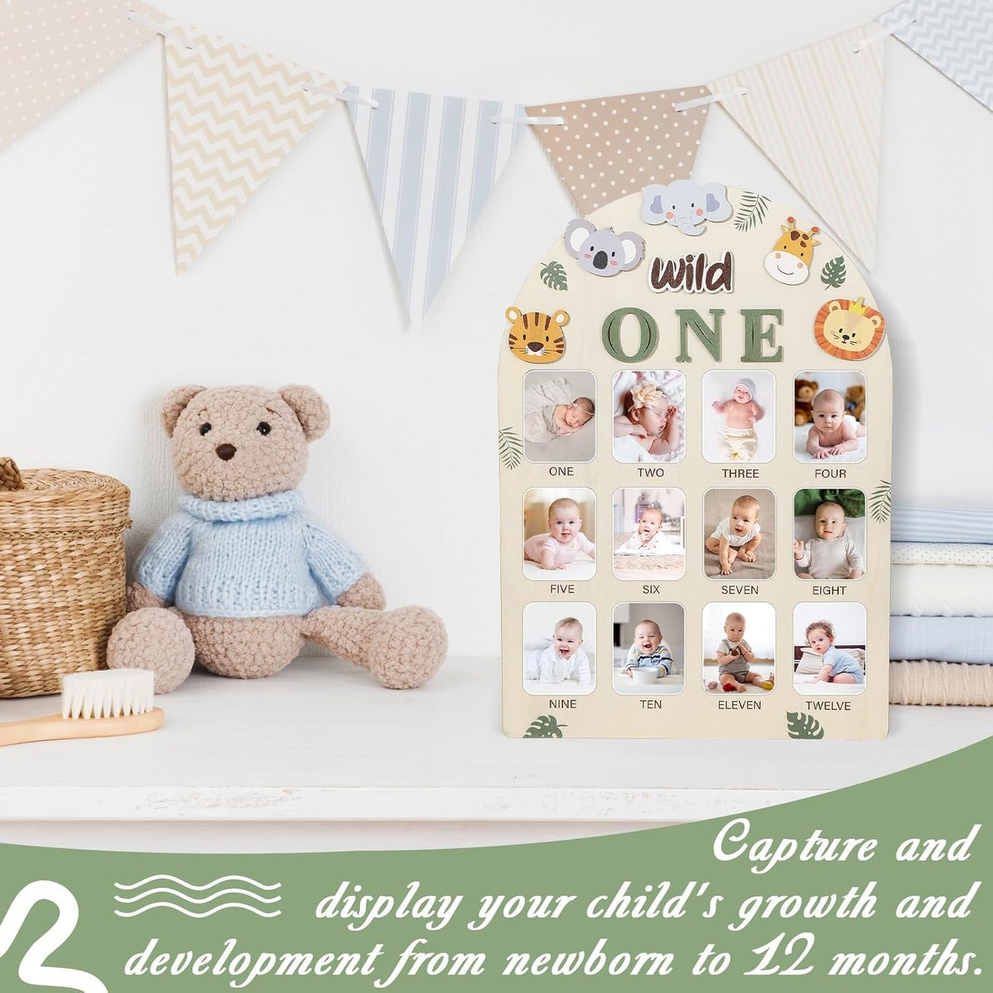 Photo Board Jungle Animals Birthday Party Wooden Board Decorations 12 Monthly Milestone Picture Frame One Year Old Wood Sign 1st Birthday Photo Banner for Baby Boy Girl Keepsake Gift Supplies