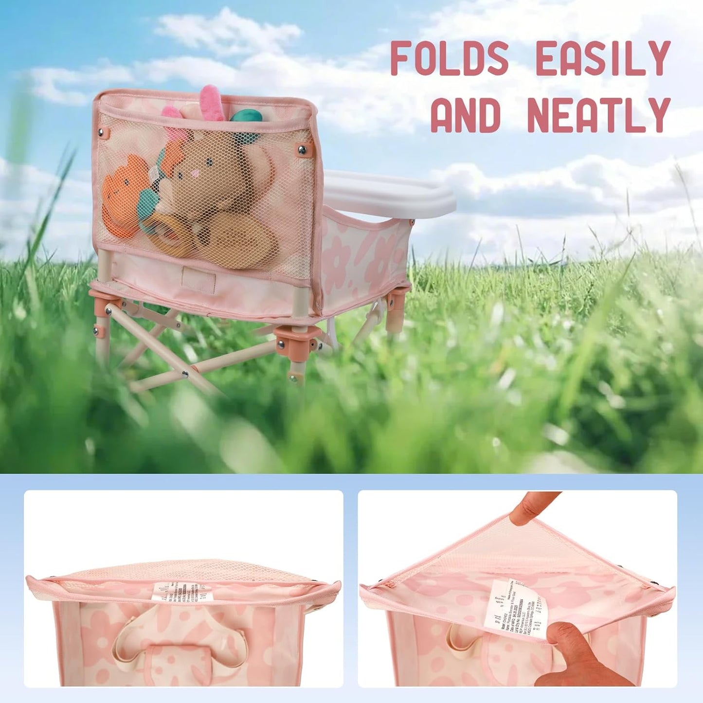 Tiny Marvels Portable 3-in-1 Baby Booster Seat, Cozy Floor Seat, Feeding Seat with Tray, Compact Foldable Toddler Booster with Child Safety Belt Carry Bag, Perfect for Travel (Blush Bloom)