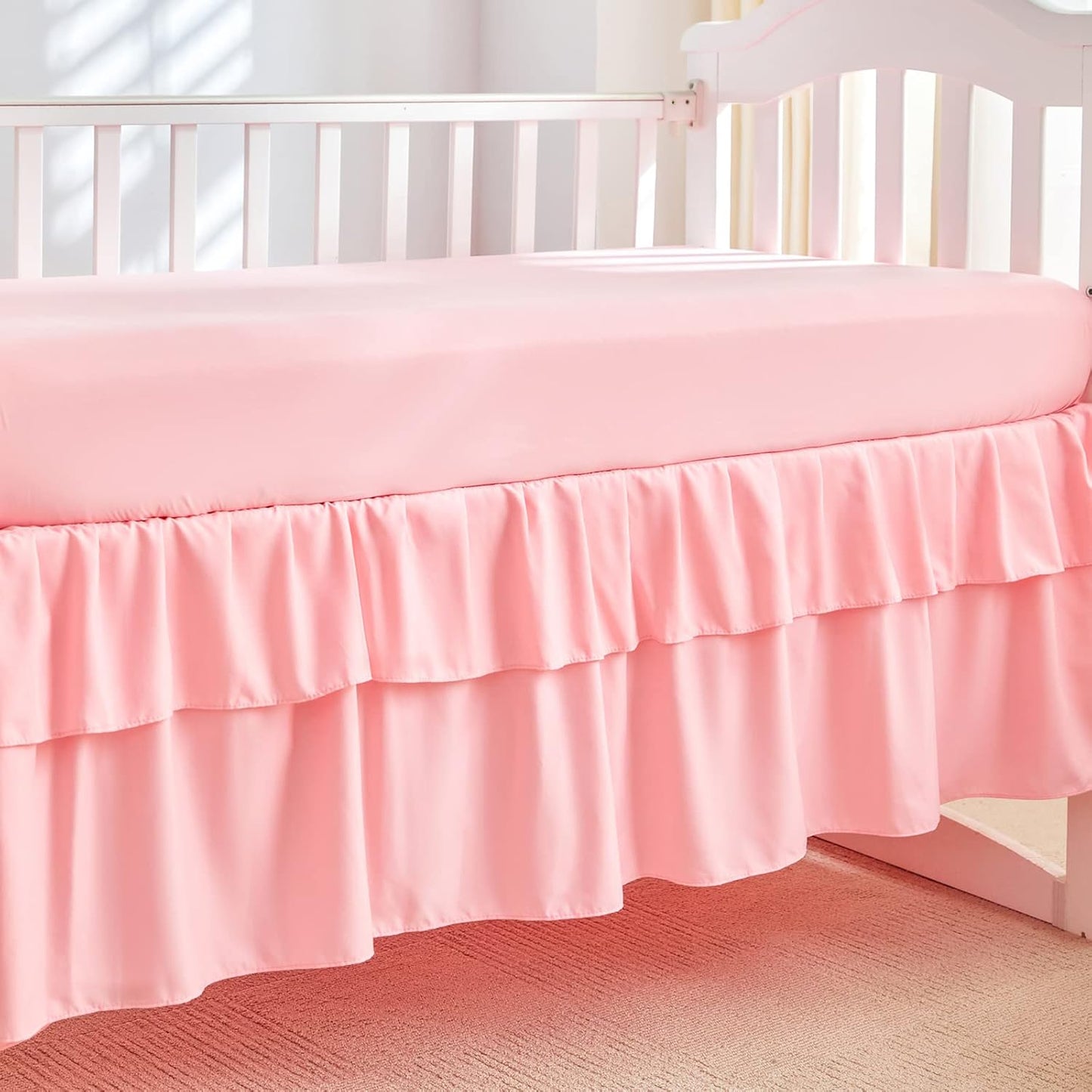 Mini Crib Bedding Set 3 Pieces Baby Boho Quilted Tufted Ruffles Comforter with Fitted Sheet and Ruffled Bed Skirt - Cute Shabby Baby Bedding Fits Mini Crib Only Pink