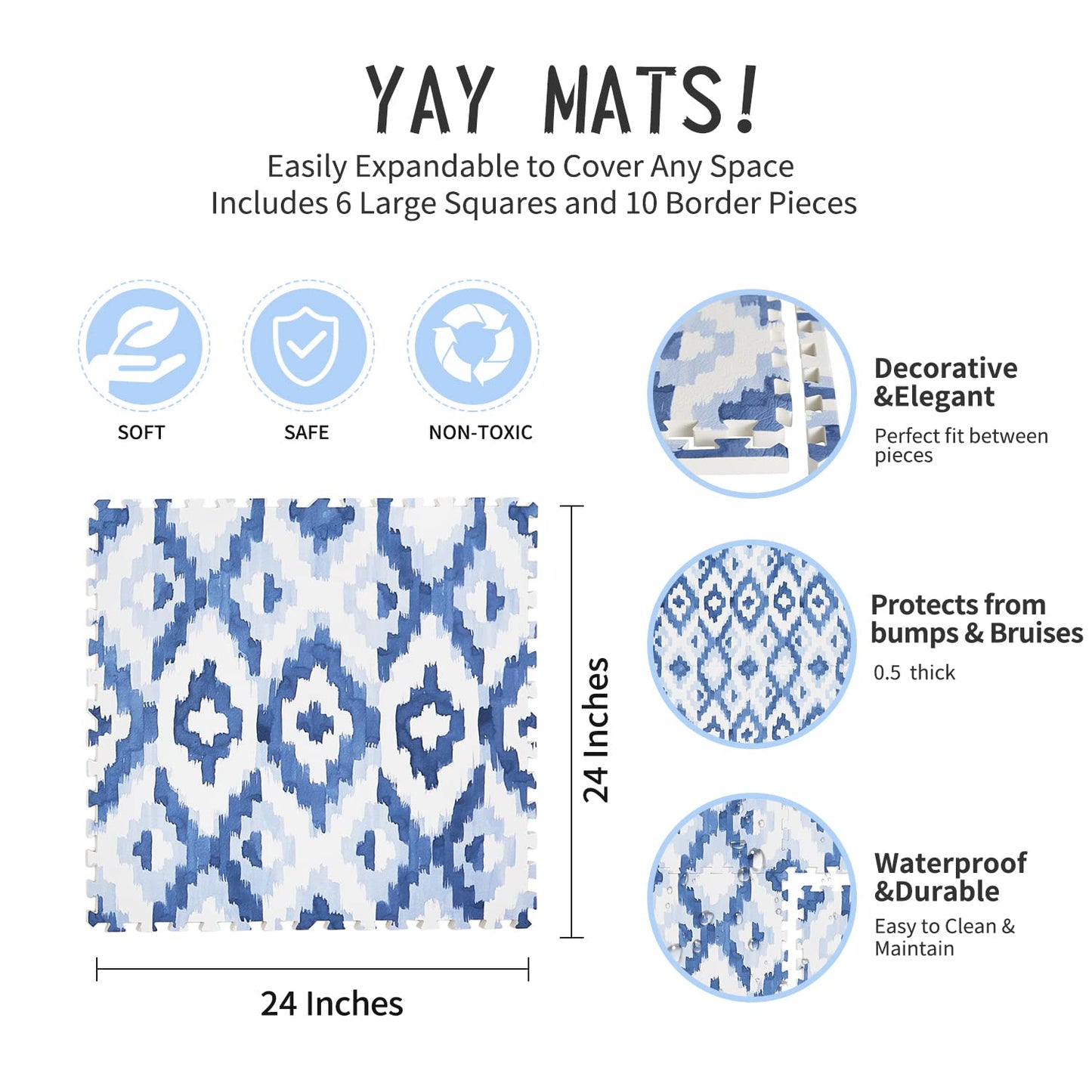 Yay Mats Stylish Extra Large Soft Baby Play Mat. Soft, Thick, Non-Toxic Foam playmat Covers 6 ft x 4 ft. Expandable Interlocking Floor Tiles Toddlers and Kids Playmat Tummy Time Mat