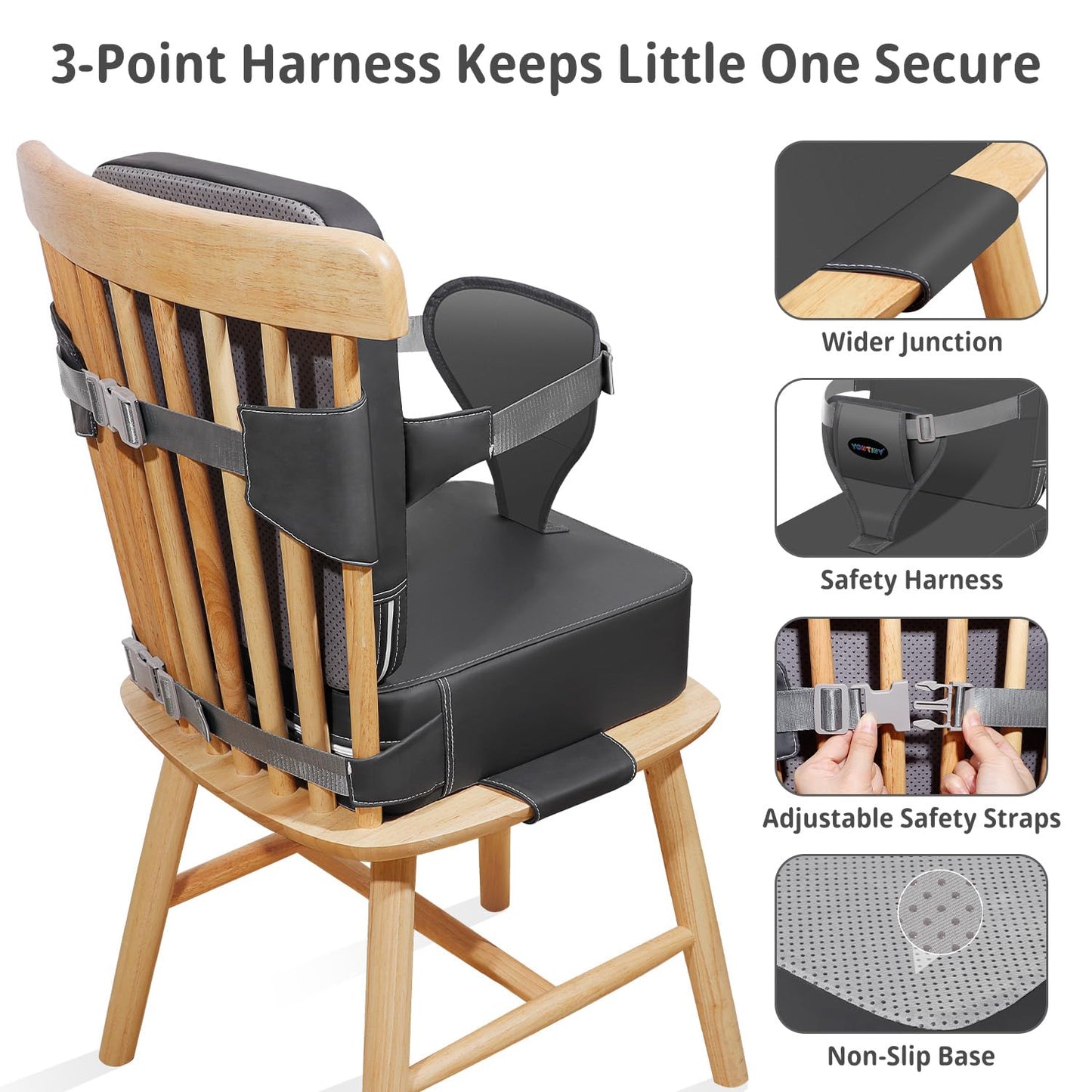Toddler Booster Seat for Kitchen Chair, 2-in-1 Dining Table Booster Seat with Backrest & Adjustable Straps – Easy-Clean, PU Portable Toddler Eating Travel Increasing Cushion - Dark Grey