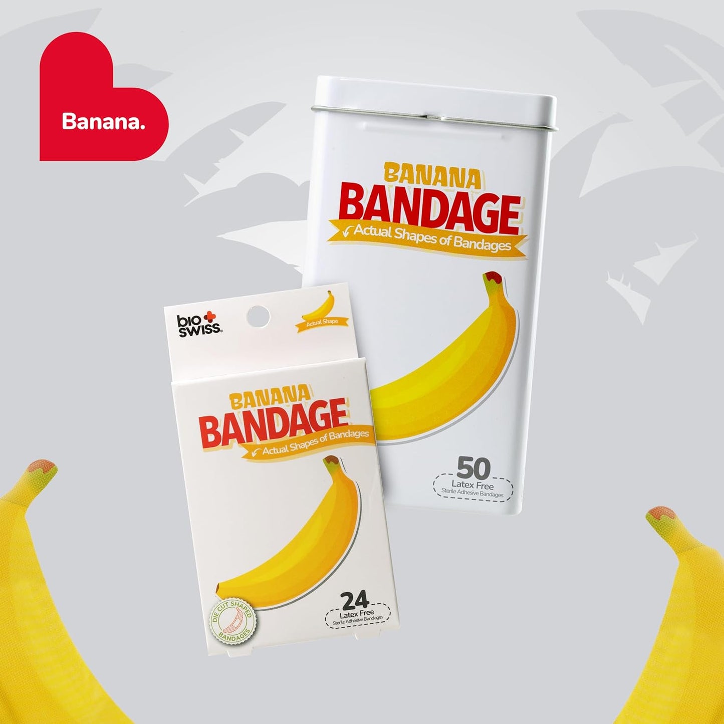 BioSwiss Bandages, Banana Shaped Self Adhesive Bandage, Latex Free Sterile Wound Care, Fun First Aid Kit Supplies for Kids, 50 Count