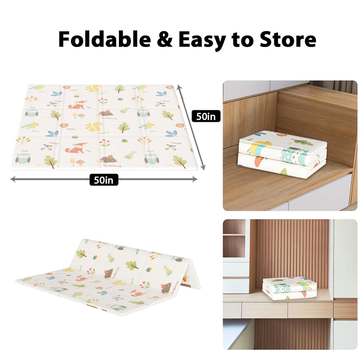 Baby Play Mat, 50 x 50 Inch Play Mat Perfect for Use Baby Playpen, Foldable Baby Foam Playmat for Floor, Portable Waterproof Activity PlayMats for Babies, Infants and Toddlers