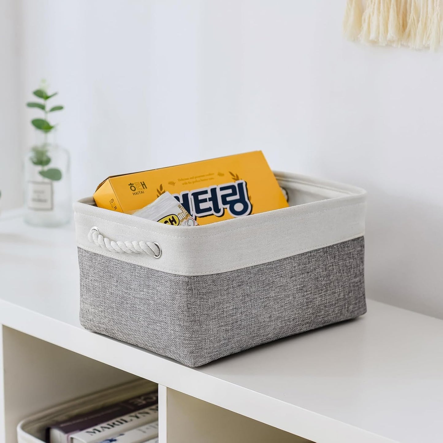 TheWarmHome Storage Bins for Shelves - 13.8L×9.8W×6.7H inch 3 Pack Medium Collapsible Storage Baskets for Organizing | Fabric Storage Cubes for Linen Closet Toy Home (White&Grey)