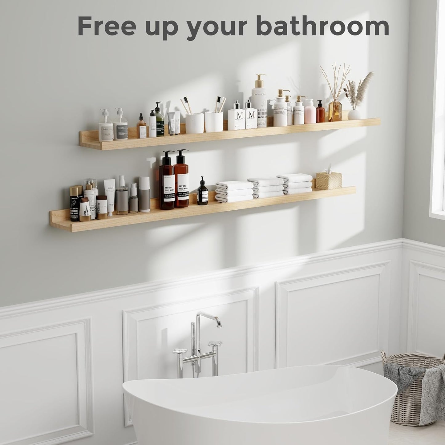 Picture Ledge Shelf, Floating Shelves Set of 2, 55 Inches Long Large Nursery Book Shelves for Toys Storage, Kids Bookshelf Wall Mounted for Living Room Bedroom Decor Books Photo Frames, Natural