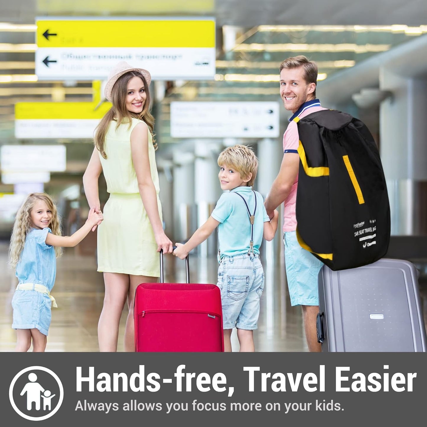 Car Seat Travel Bag Backpack for Air Travel - Karfast Universal Infant Carseat Gate Check Bag Cover for Airplane, Foldable with Pouch, Yellow