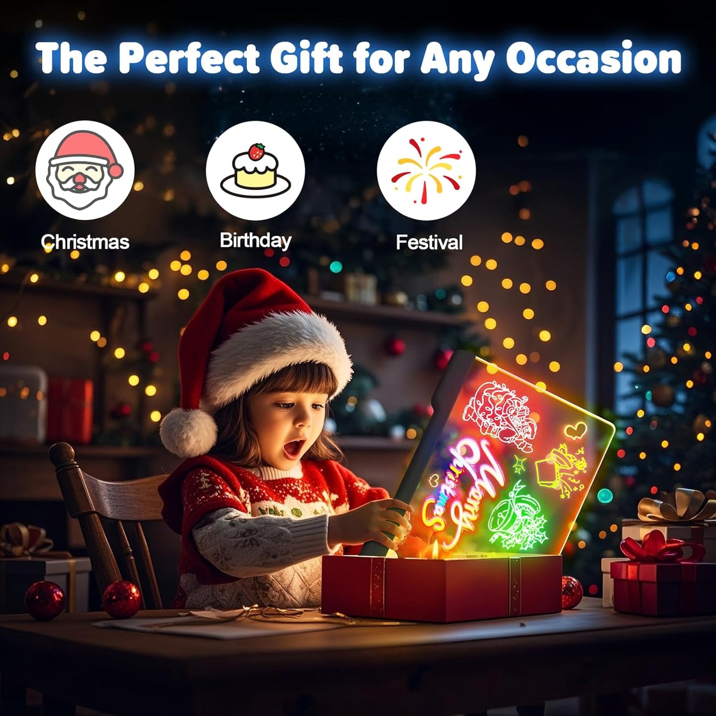 16-Inch Rechargeable Doodle Glow LED Note Board, 7-Color Light Modes, Neon Art Dry Erase Light Up Drawing Pad with Built-in Stand, Sketching Gift Toy for Kids/Girls/Teens, 5 Markers & Tracing Book