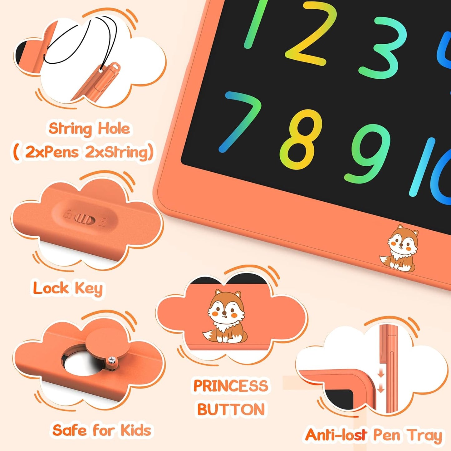 LCD Writing Tablet for Kids 12 Inch, Kids Learning Toys Drawing Pad for Girls Boys, Erasable Doodle Board for Toddlers 3 4 5 6 7 8 Year Old Travel Essentials, Christmas Birthday for Kids - Orange