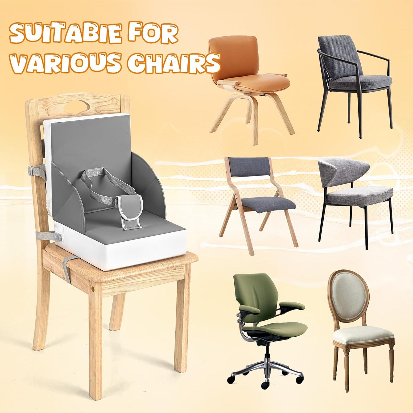 Portable Toddler Booster Seat for Dining Table, Adjustable Lightweight Toddler Chair for Travel, Compact Design, Easy to Clean (Grey)