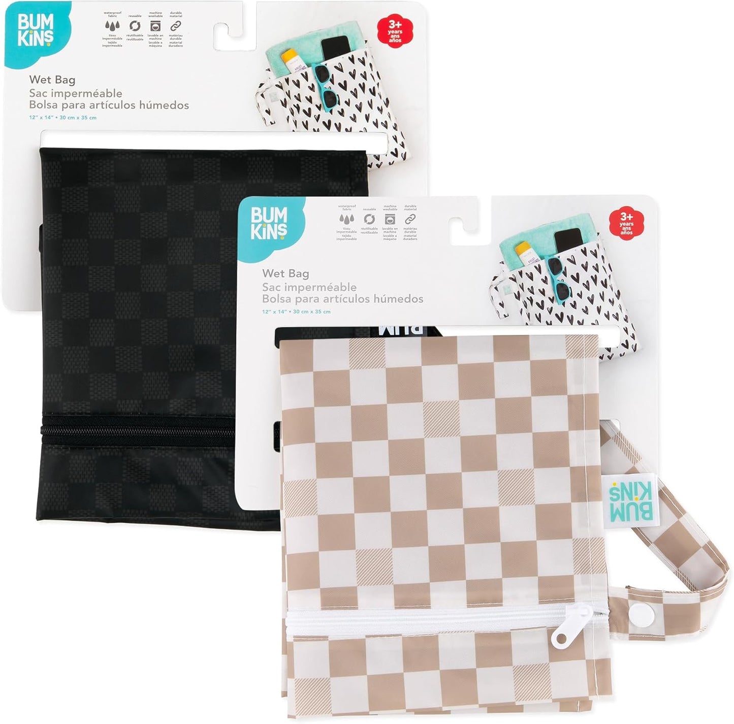 Bumkins - Waterproof Wet Bag - For Baby, Travel, Swim Suit, Cloth Diapers, Pump Parts, Pool, Gym, Toiletry, Strap to Stroller - Reusable & Easy to Clean - 2pk - Beige & Black Check