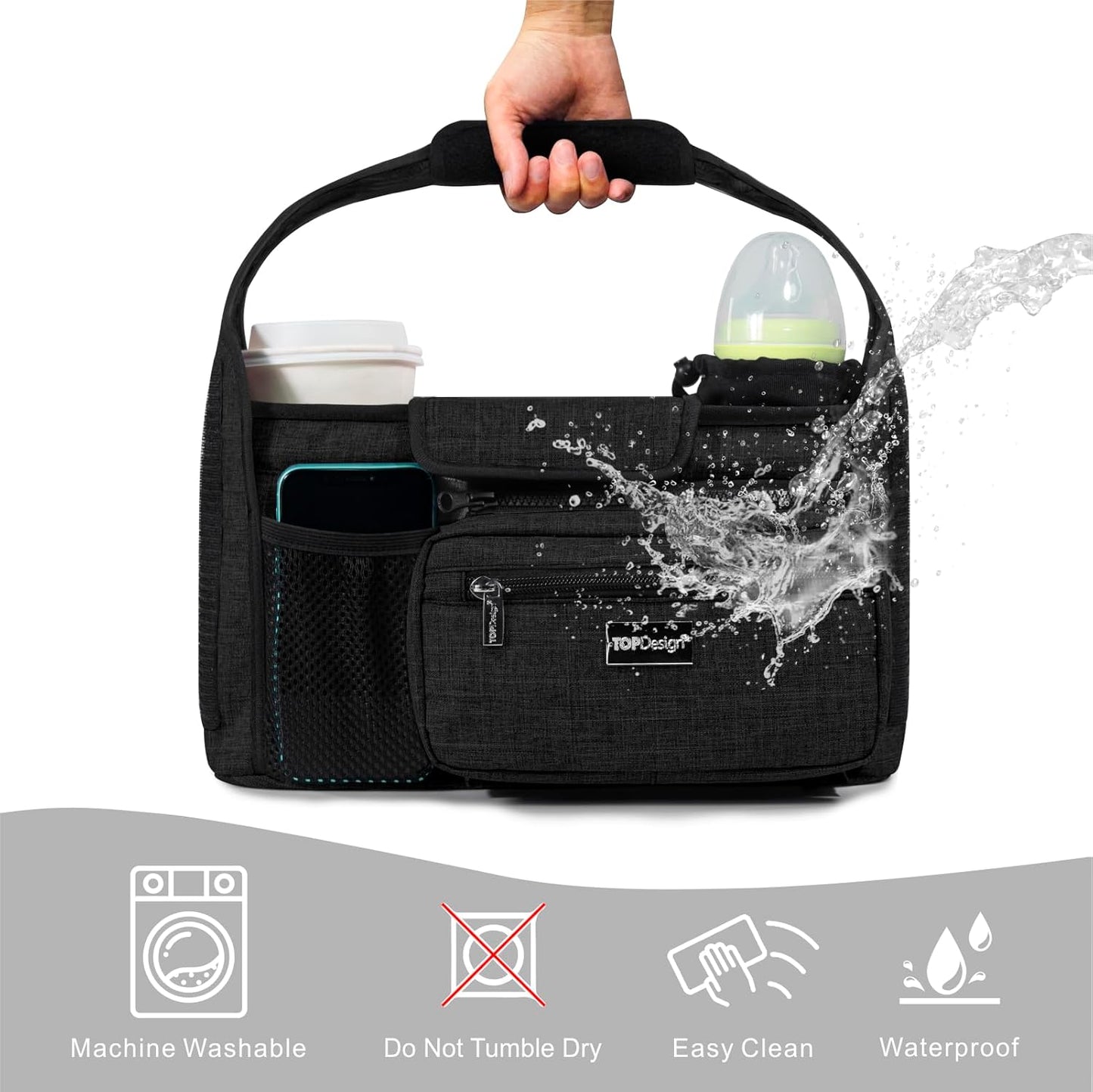 TOPDesign Universal Baby Stroller Organizer, Stroller Caddy with Detachable Mesh Bag & Heightened Insulated Cup Holders & Non-Slip Secure Hooks Accessories, Fits Most Strollers (Five Petal Flower)