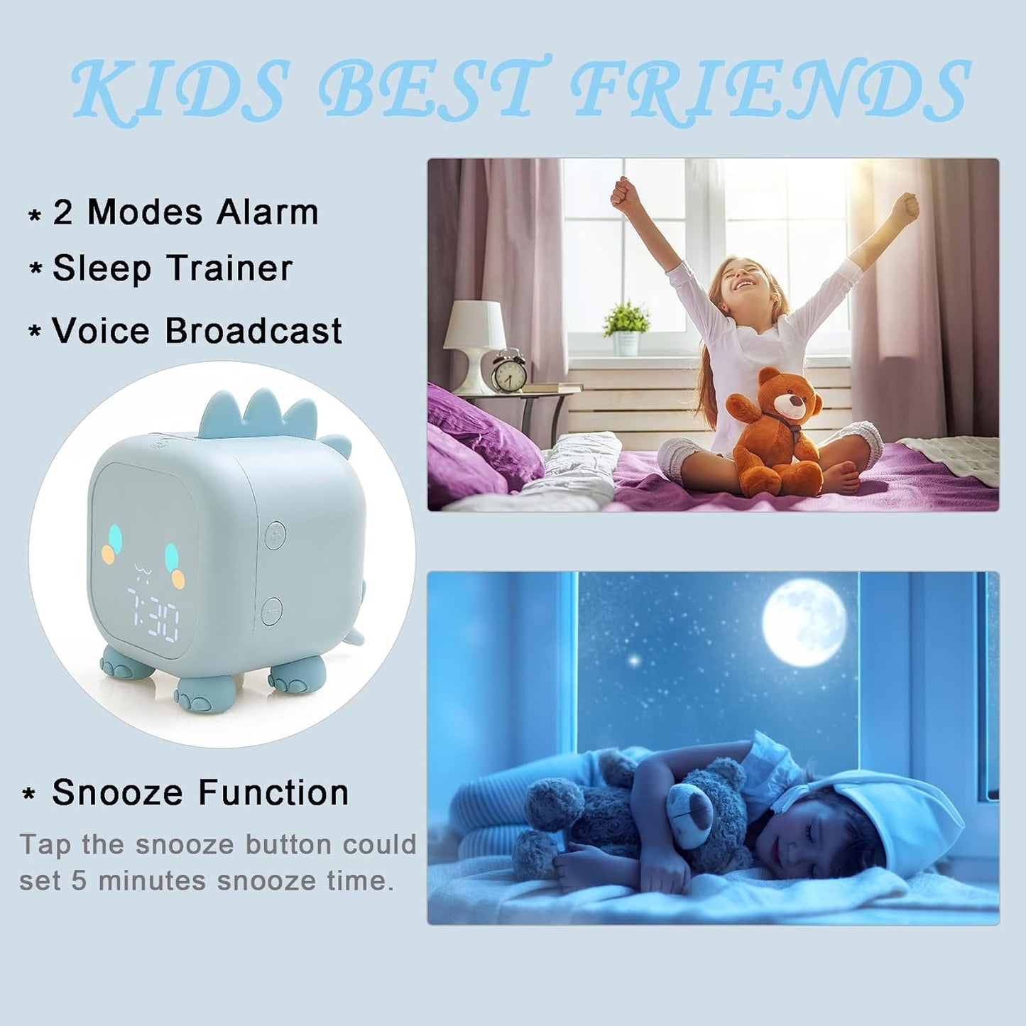 Kids Dinosaur Alarm Clock Boys Blue Alarm Clocks with Night Light Digital Alarm Clock for Kids Boy Children
