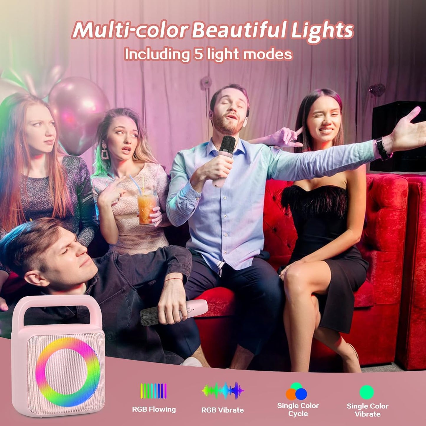 Karoke Machine with 2 Wireless Mics,Portable Karaoke Microphone Toys with Colorful Lights and Magic Voices for Camping Party, Birthday Gift for Boys Girls Teenages Adults