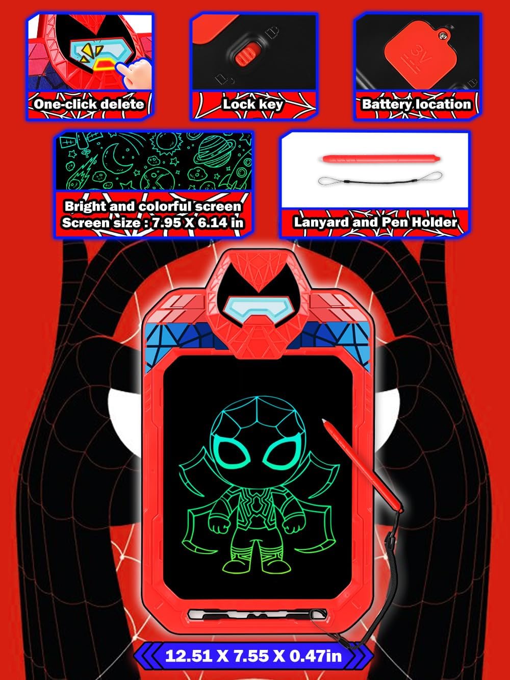 LCD Writing Tablet for Kids 10 Inch Spider Hero for Toddler 2 3 4 5 6 - Paint, Doodle Board, Drawing Pad - Travel Toys, Road Trip Car Activities, Birthday Christmas Gift Boys & Man