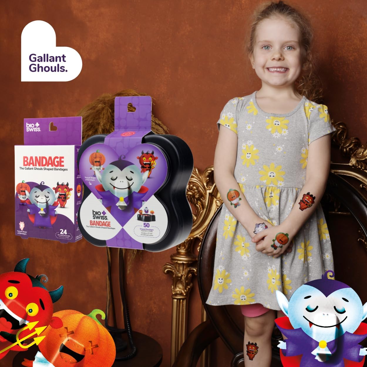 BioSwiss Bandages, Halloween Ghouls Shaped Self Adhesive Bandage, Latex Free Sterile Wound Care, Fun First Aid Kit Supplies for Kids and Adults, 24 Count