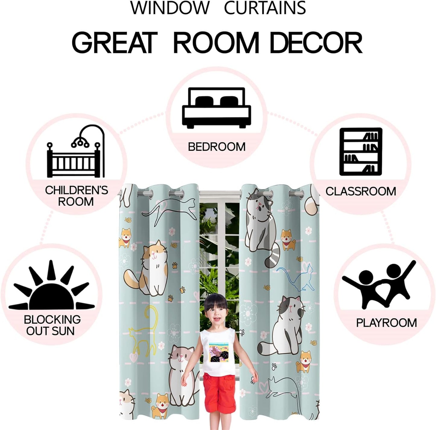 Cartoon Cat Blackout Curtains for Girls Room - Grommets Top, Animal Themed, Thermal Insulated Panels for Bedroom, Nursery Decor, 82 in x 84 in