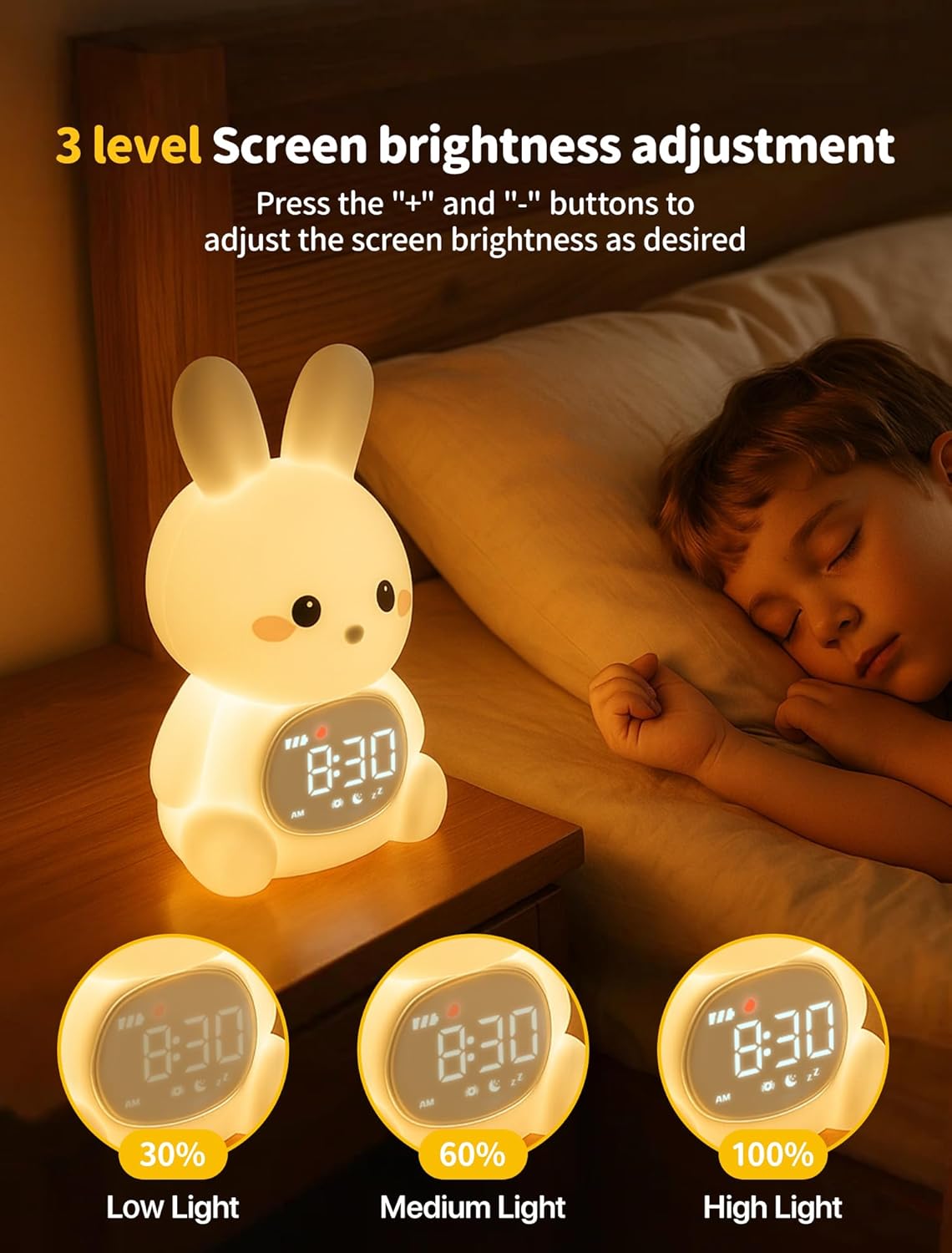 MASHI Bunny Alarm Clock, Toddler Sleep Training Clock with Sun & Moon, Sleep Sound Machine, Night Lights, Alarm Clock for Kids, Gift Ideas for Kids Child
