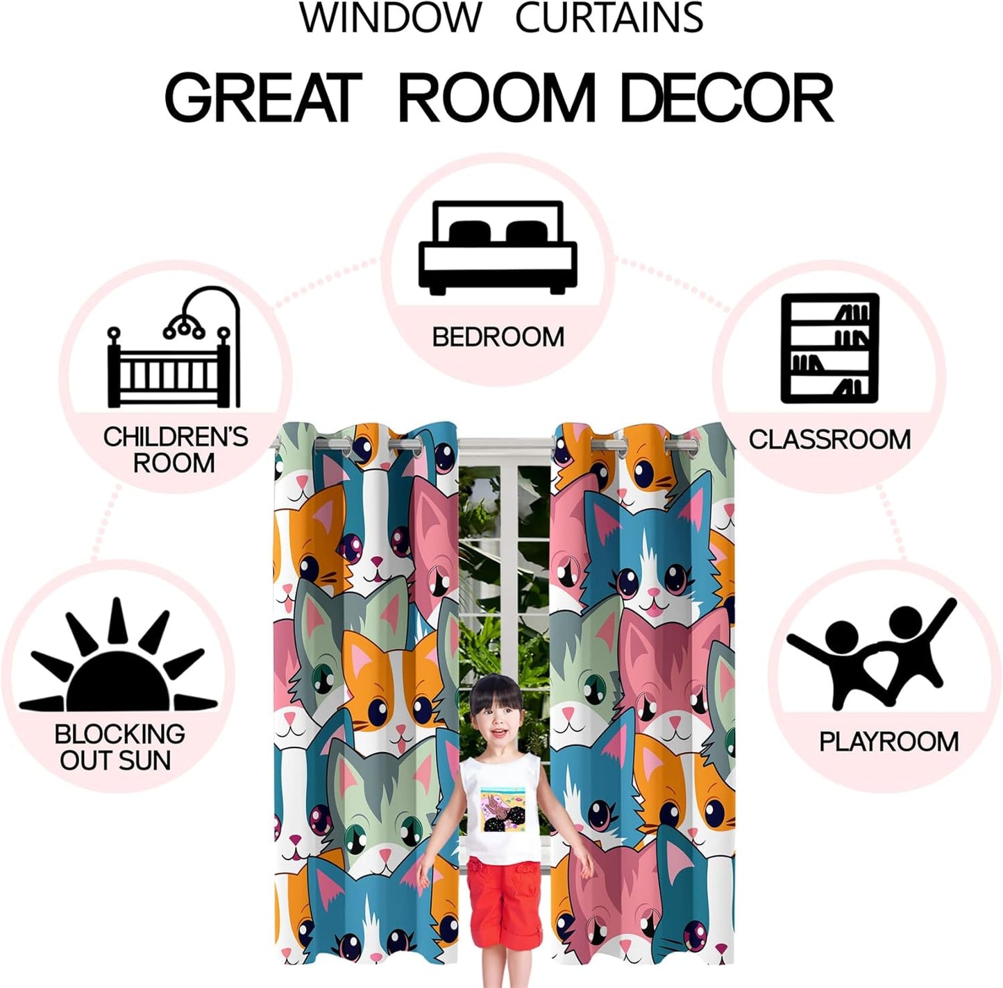 Cat Blackout Curtains for Girls - 2Pcs Cute Cartoon Cat Patterns Curtain Panels for Girls Bedroom Lovely Cats Drapes Darkening Window Curtain for Living Room Bedroom, 82" x 63"