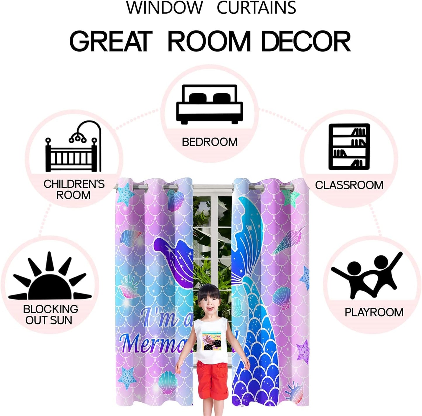 Mermaid Curtain Panels for Girls Room 2Pcs, Pink Cartoon Blackout Curtains 84 inch Length for Girls Bedroom Nursery Room Grommet Top Thermal Insulated Curtains, Dinosaur Print, 82" x 84"