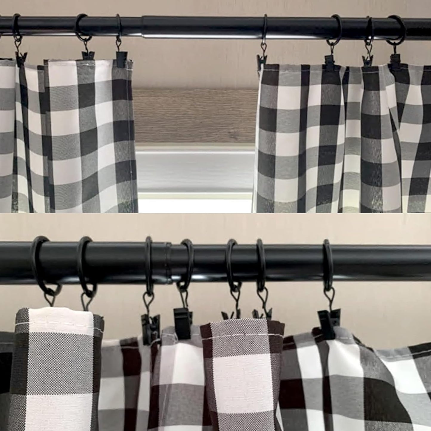 100 Pack Black Curtain Rings with Clips, Curtain Hooks Hangers Clip Rings for Hanging Drapes Bows Hat, Drapery Rings 1 in I D, Fits up to 5/8 in Diameter Curtain Rod.