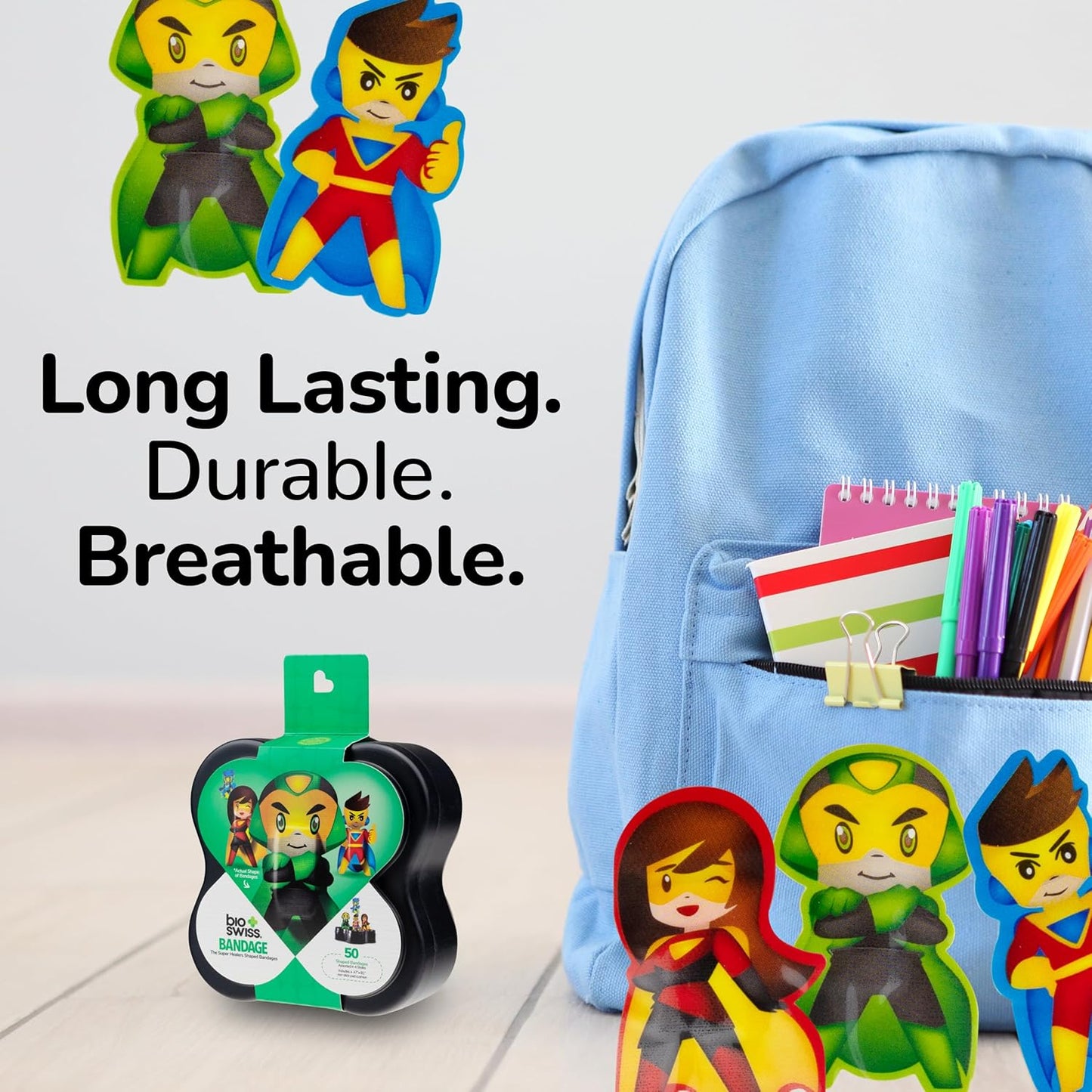 BioSwiss Bandages, Super Healers Superhero Shaped Self Adhesive Bandage, Latex Free Sterile Wound Care, Fun First Aid Kit Supplies for Kids and Adults, 50 Count