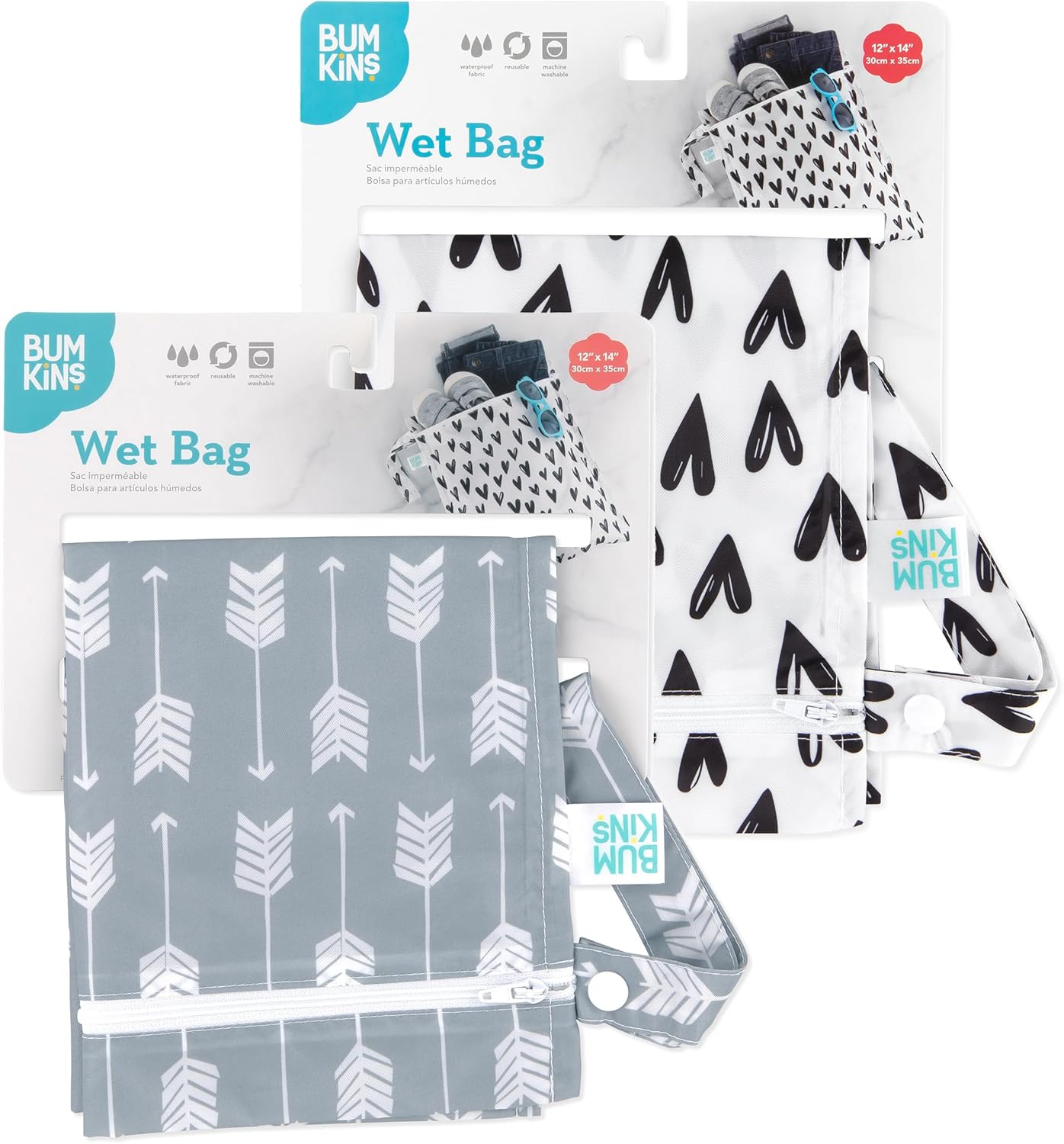 Bumkins - Waterproof Wet Bag - For Baby, Travel, Swim Suit, Cloth Diapers, Pump Parts, Pool, Gym, Toiletry, Strap to Stroller - Reusable & Easy to Clean - 2pk - Arrows & Hearts