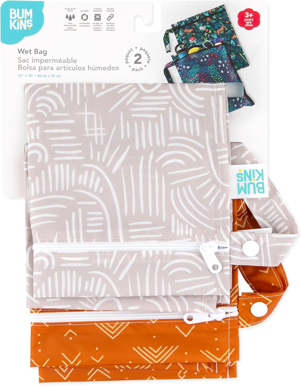 Bumkins - Waterproof Wet Bag - For Baby, Travel, Swim Suit, Cloth Diapers, Pump Parts, Pool, Gym, Toiletry, Strap to Stroller - Reusable & Easy to Clean - 2pk - Desert Boho