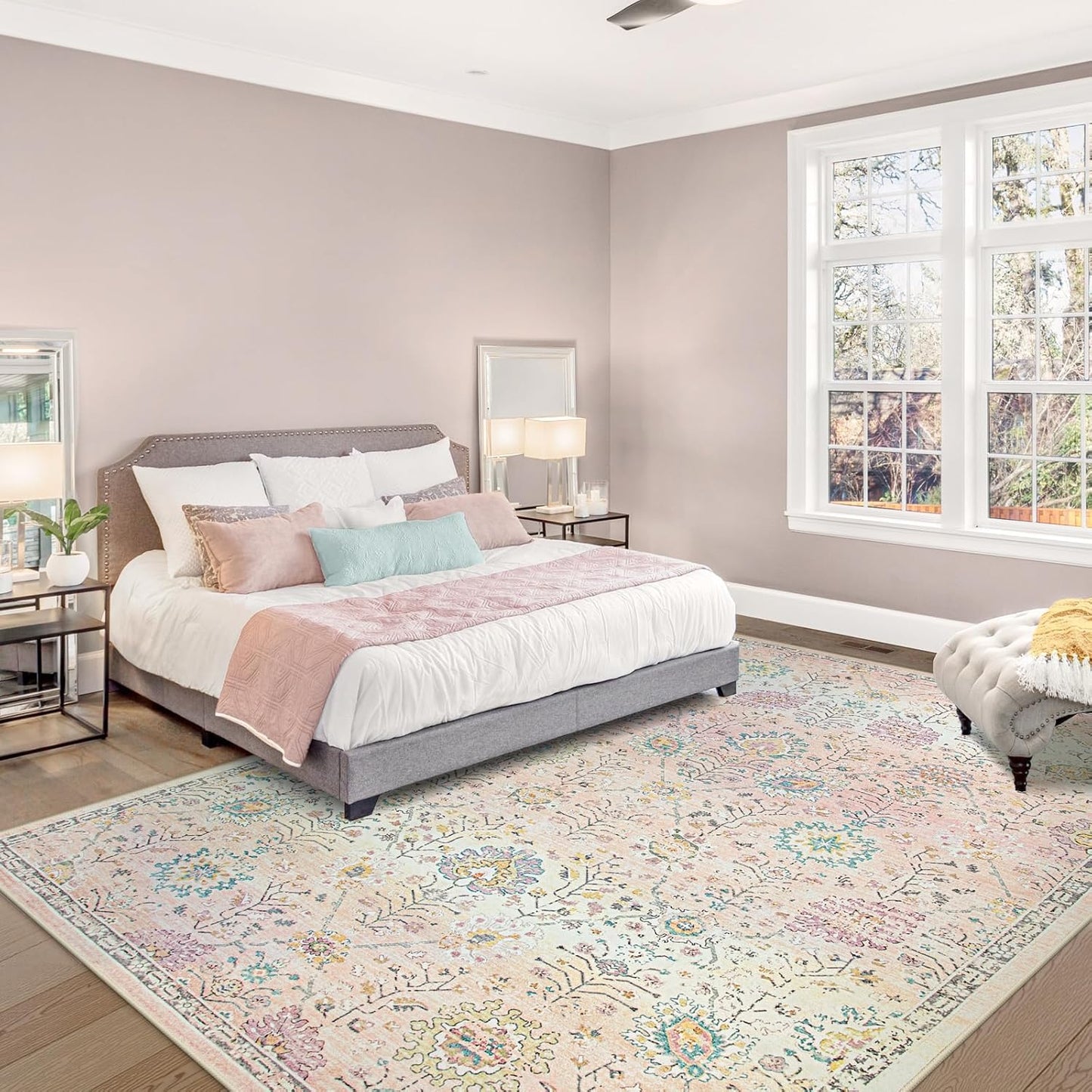 Lahome Light Pink Boho Rug, 6x9 Washable Rugs for Bedroom Girls, Soft Floral Kids Carpet with Non-Slip Backing for Nursery Playroom Kids Room