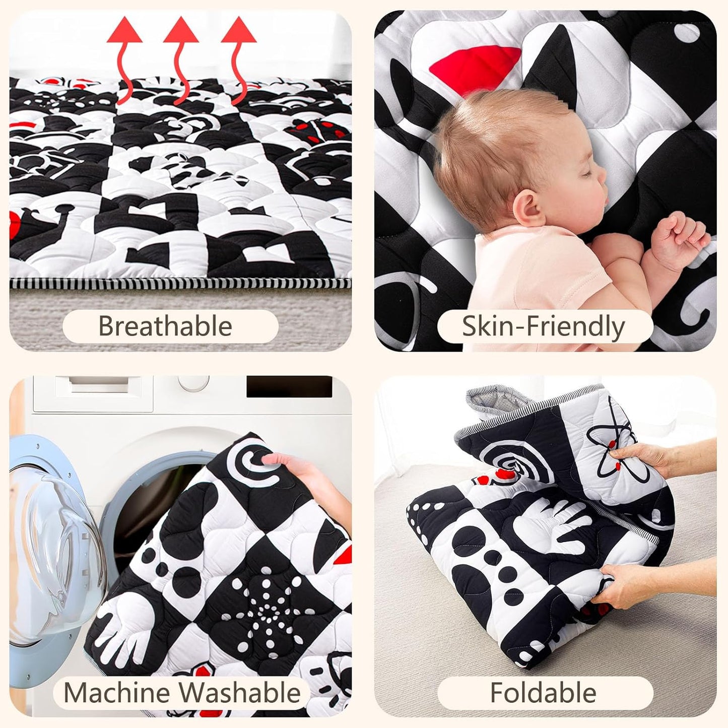 Baby Play Mats for Floor, Upgraded Thick Soft 50x50 Playpen Mat, Anti-Slip Bottom, Foldable and Machine Washable Playmat for Babies and Toddlers Infants(High Contrast)