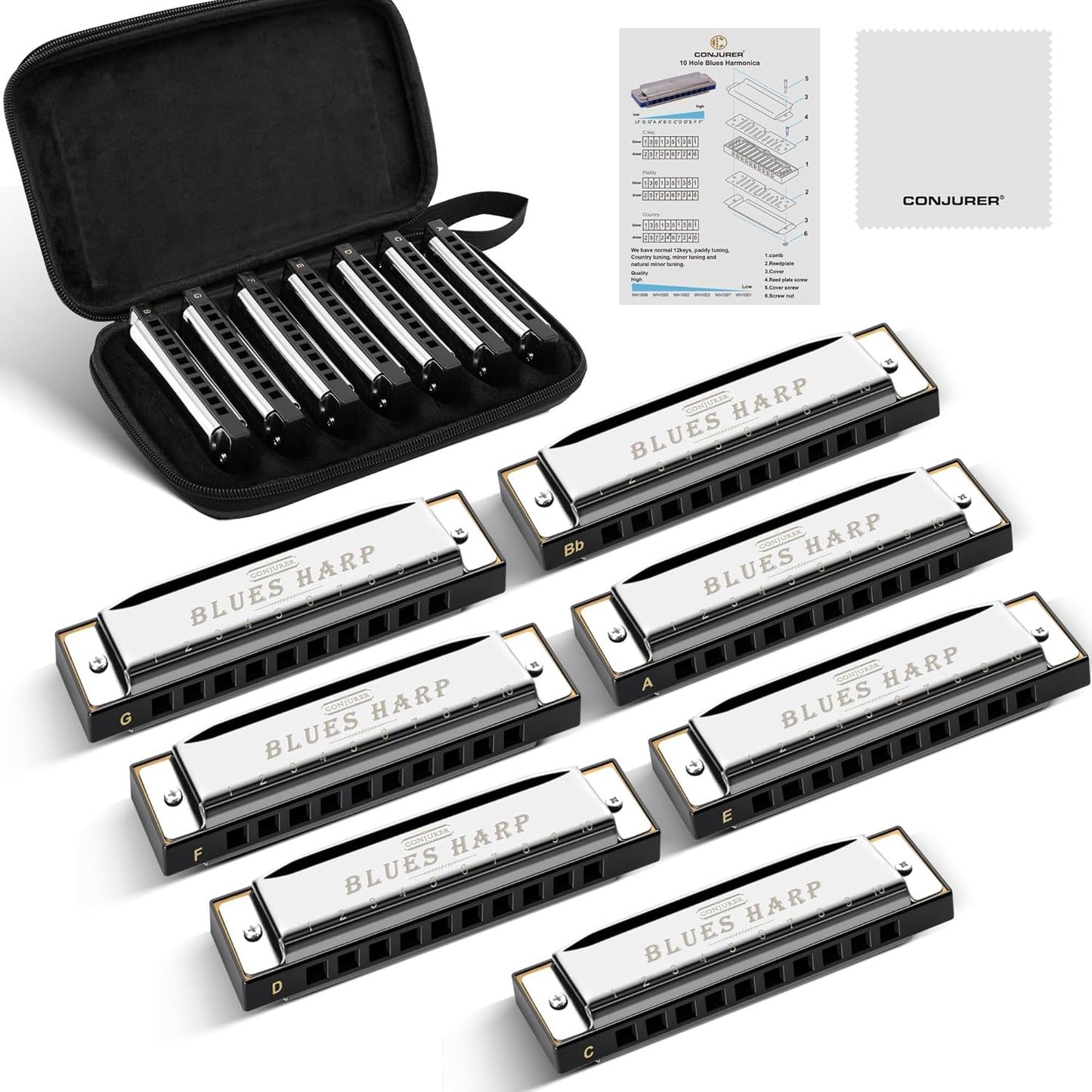 CONJURER Blues Harmonica for Beginners, 10 Hole Bb Key Diatonic Blues Harp with Stainless Steel Cover & Phosphor Bronze Reeds, Professional Grade for Adults, Gifts (Silver Bb)