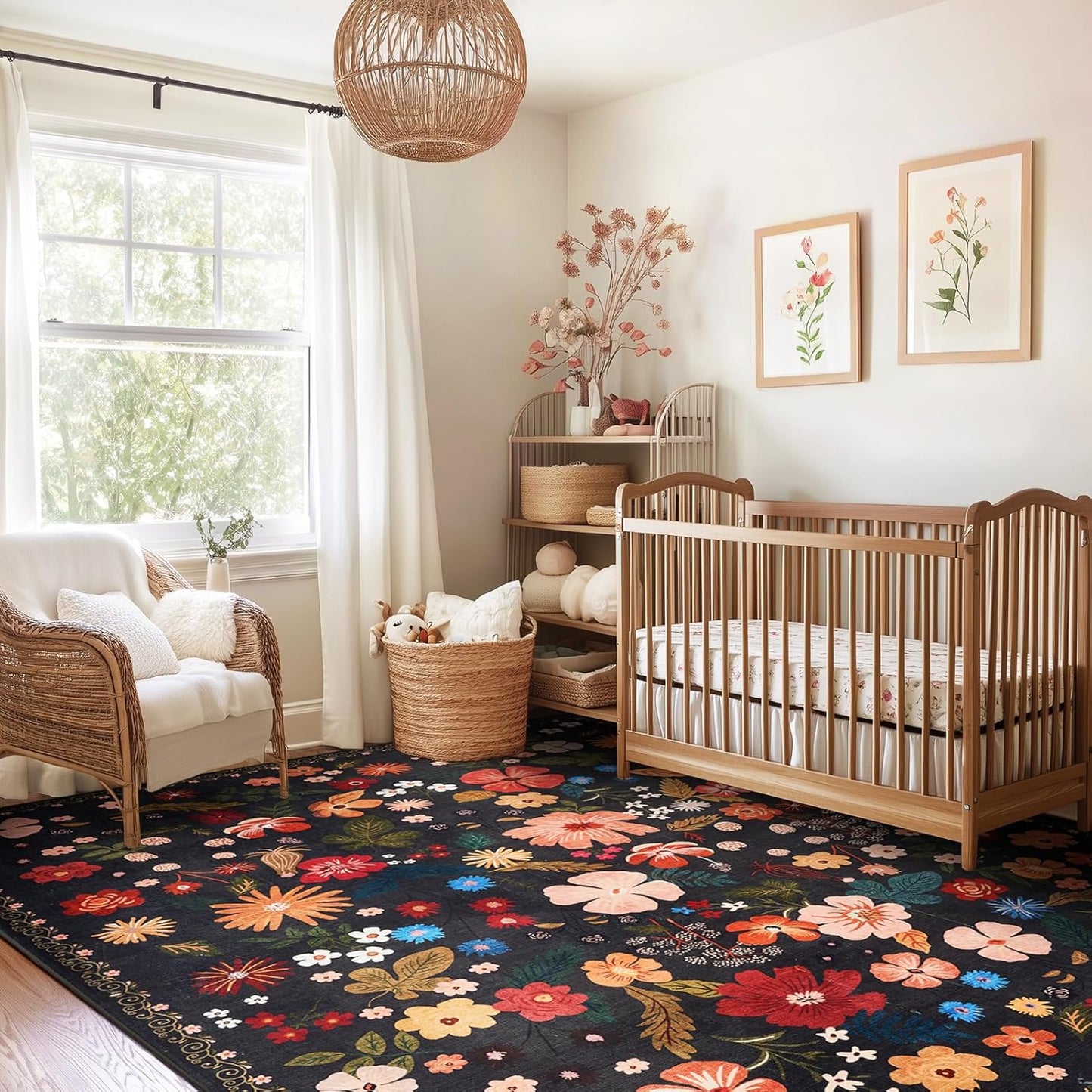 Black 8x10 Area Rugs for Large Living Room Machine Washable Non-Slip Backing Boho Floral Rugs Soft Faux Wool Low Pile Stain Resistant Dark Carpet Rug for Cozy Bedroom Dining Room Nursery Kids Room