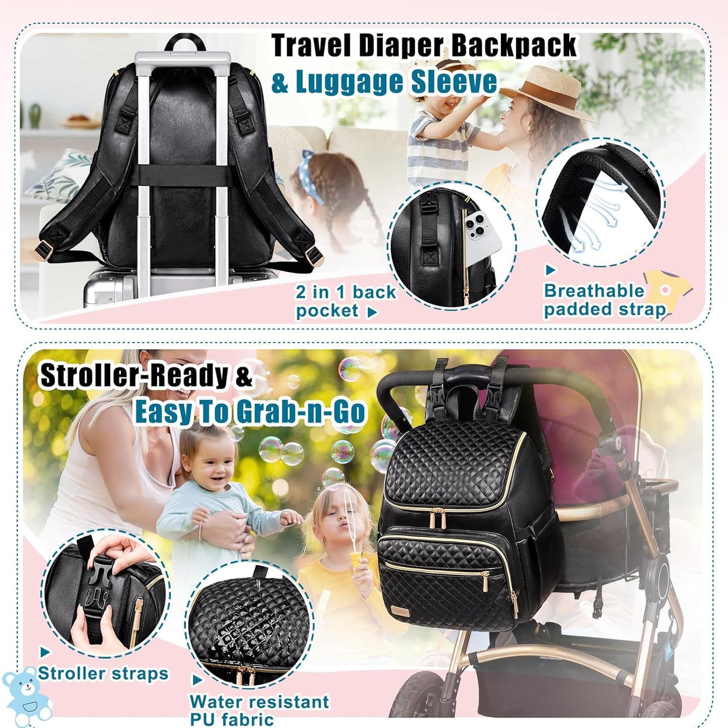 Weitars Diaper Bag Backpack Leather Baby Diaper Bag with Changing Pad Travel Diaper Backpack,Baby Bag for Mom,Stroller Straps,5 Insulated Pockets (Black Leather)