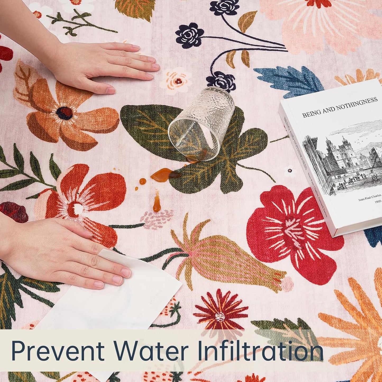 Beige Pink 8x10 Area Rugs for Living Room Boho Vintage Floral Washable Large Rug Low Pile Non Slip Stain Resistant Cottagecore Carpet Rug for Bedroom Dining Room Kids Playroom Dorm Spring Decor