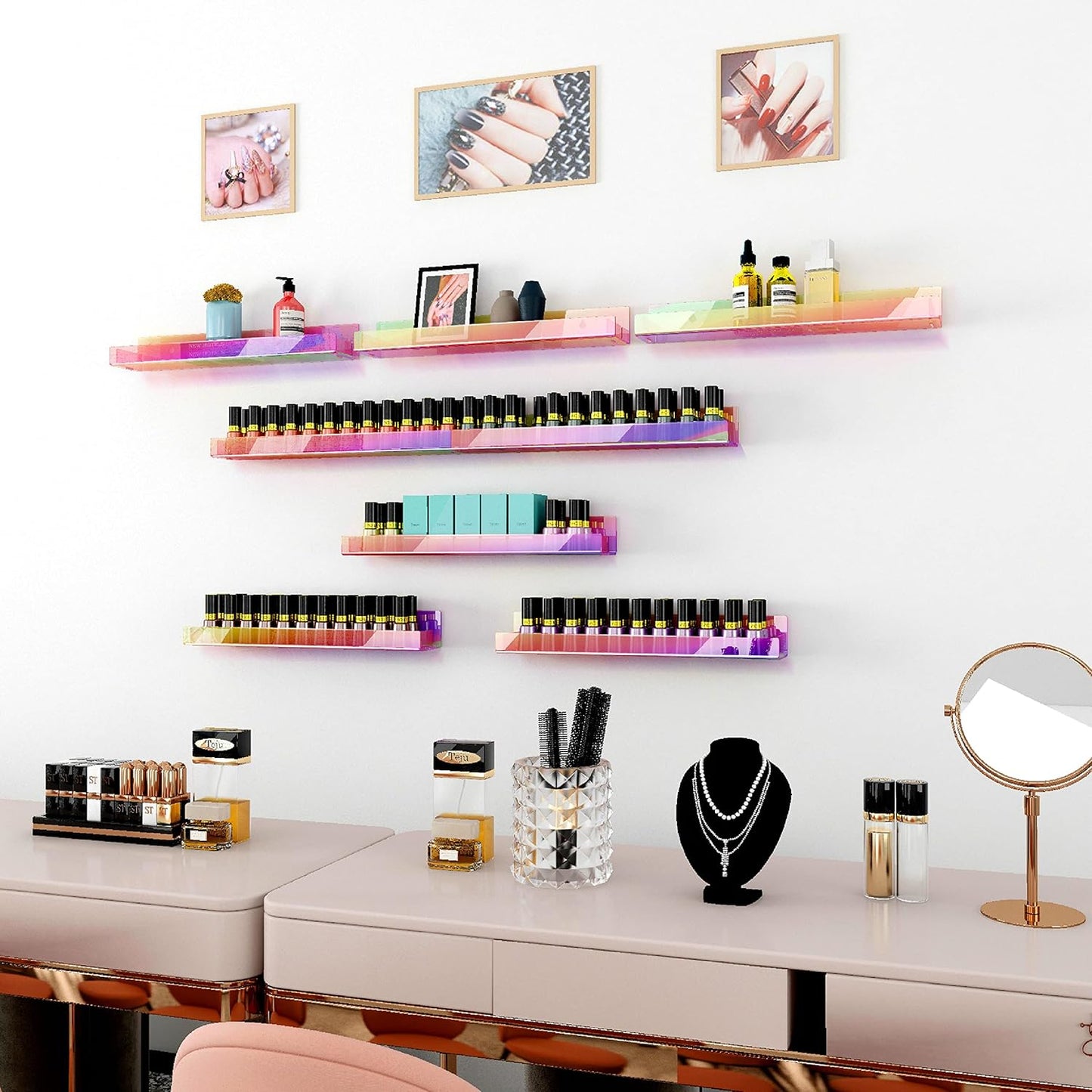 4 Pack 15 Inch Iridescent Acrylic Shelves, Clear Rainbow Floating Shelves for Wall, Modern Sunglasses Essential Oil Picture Ledge Display Toy Storage Wall Shelf