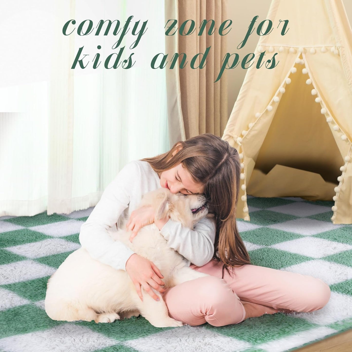 Super Soft Rug for Bedroom, 8x10 ft Sage Green and White Area Rug Classic Checkered Shaggy Anti-Skid High Pile Soft Fluffy Rug Fuzzy Carpet for Living Room Bedroom Kids Room Nursery, Dorm